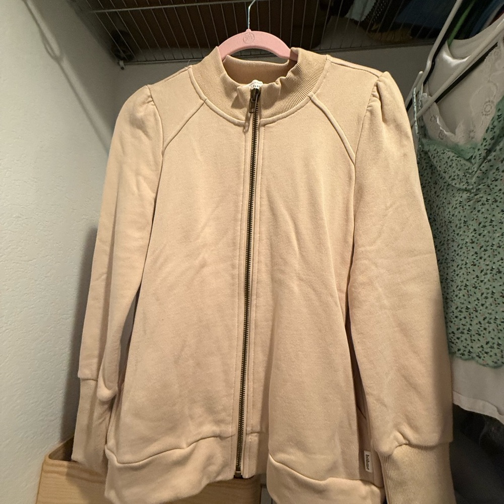 Cream Bomber Jacket with Standing Collar and Raglan Sleeves